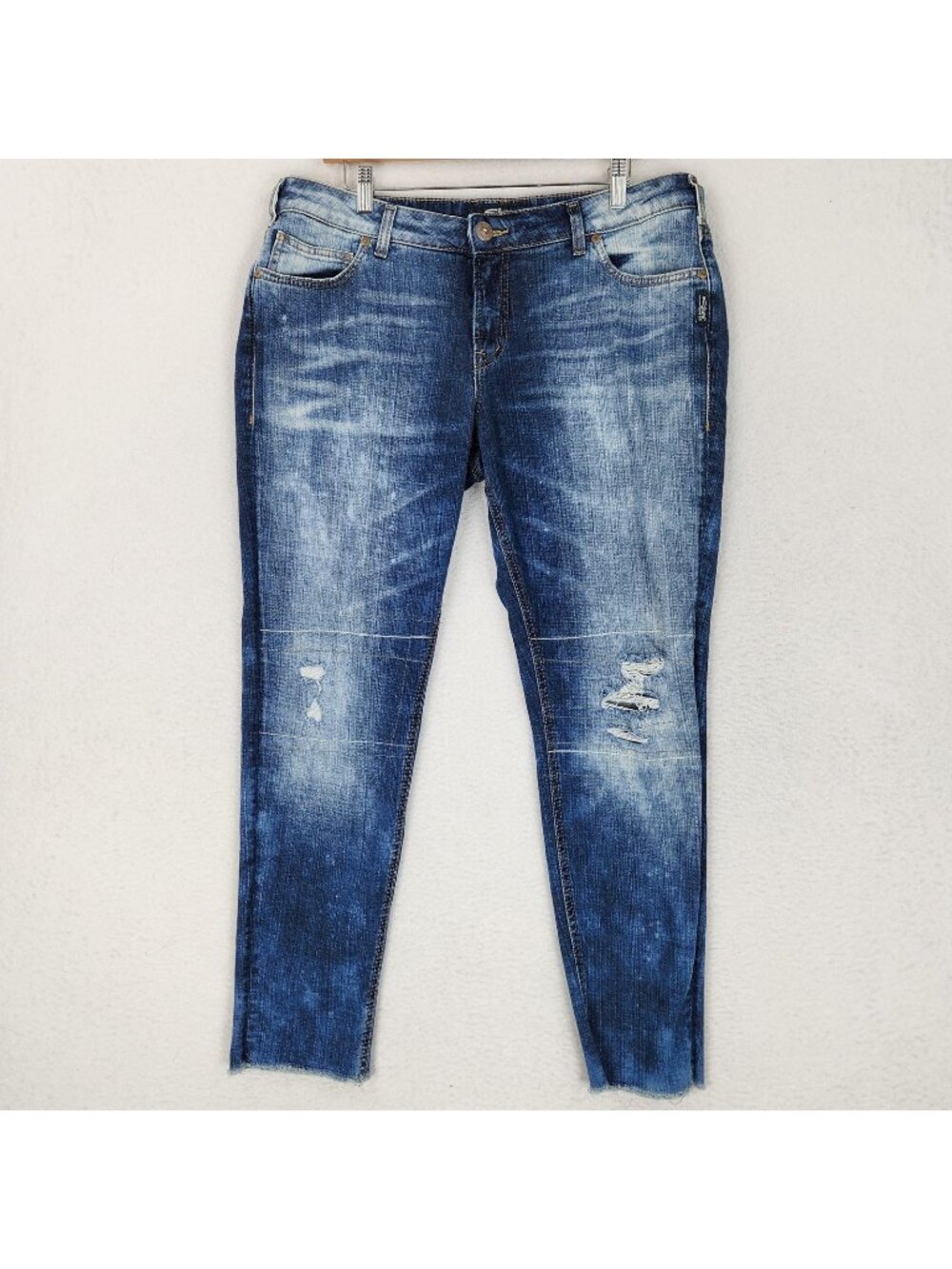 Silver Jeans Womens 16 Blue Girlfriend Distressed Classic Stretch Raw Hem Denim